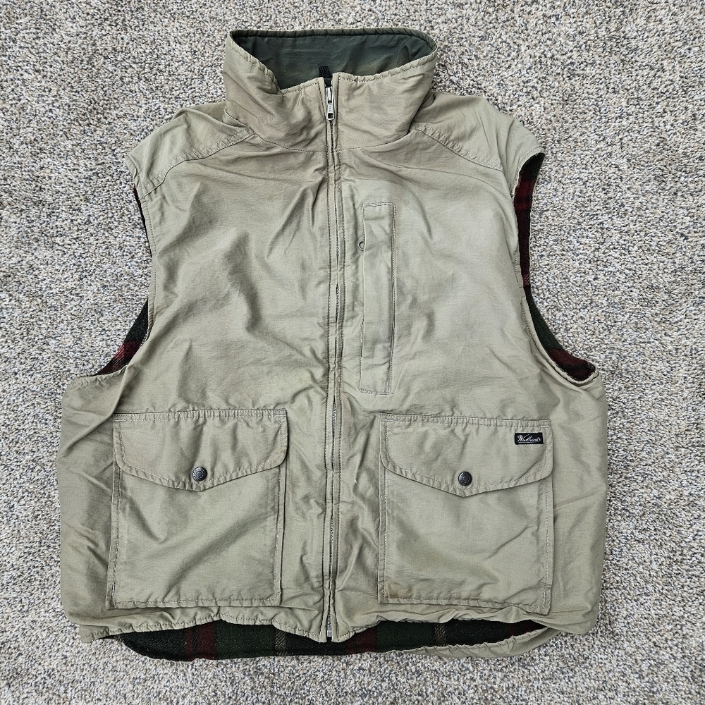 Woolrich Mens Beige Green FieldStone Wool Plaid Blanket Lined Vest Jacket Size L